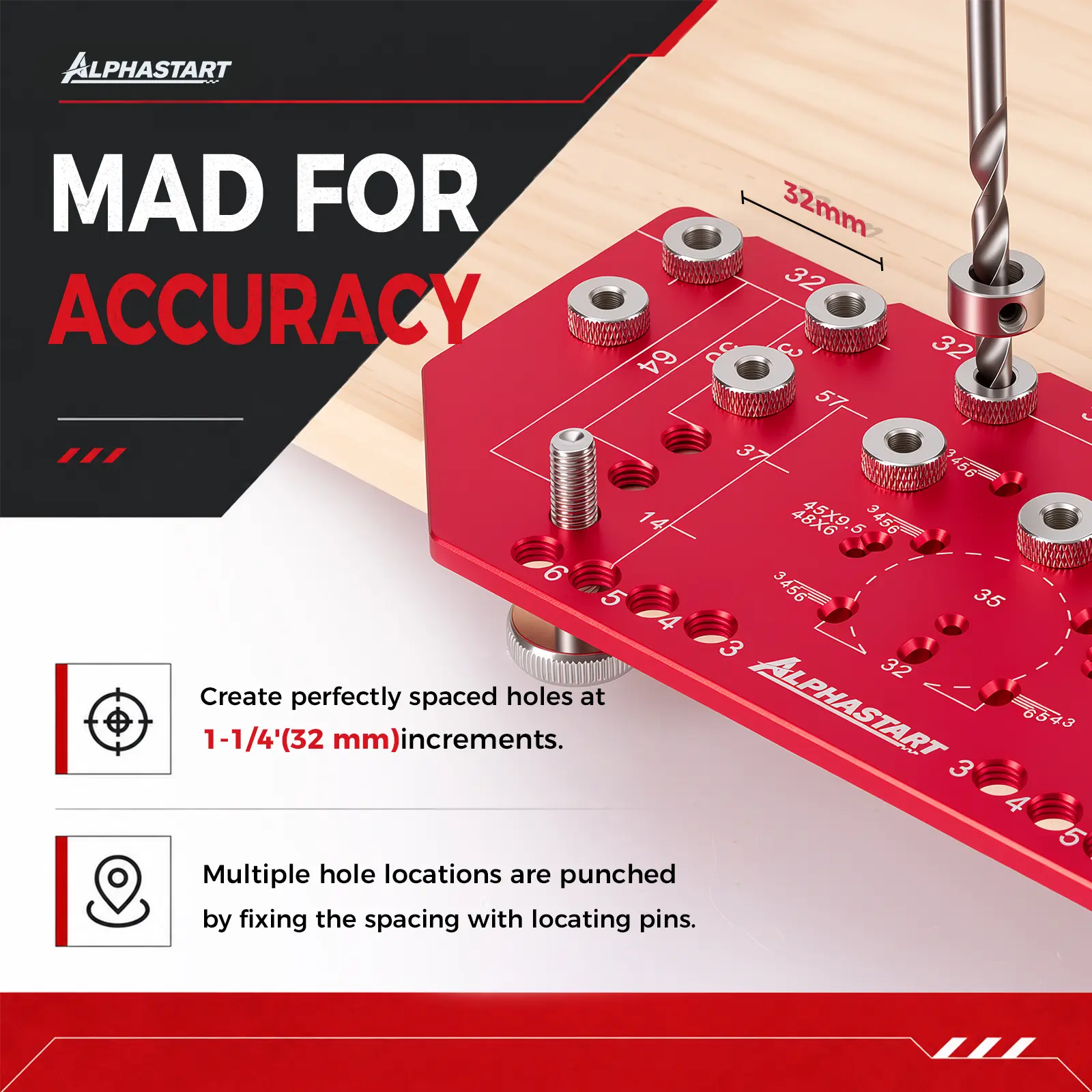 AlphaStart Shelf Pin Jig and Hinge Jig Two-in-One, Cabinet Hardware Drill Guide Jig with 1/4" and 5mm Bits, All Metal Shelf Pin Drilling Tool with Built-in Clamping Function