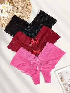 SlaySleep x Snug Zone Plus 3pack Floral Lace Bow Front Crotchless Panty