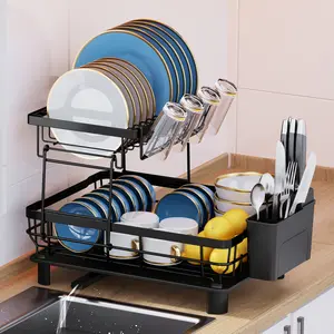 San Dream Stainless Steel Kitchen Dish Drainer Organiser - Adjustable, Compact Draining Boards, Removable Utensil Holder, New Drain Outlet, Sponge Rack, Plate Rack