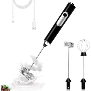 Electric Double Whisk Milk Frother Handheld Black USB Rechargeable Drink Mixer, 3 Speeds Adjustable Electric Whisk  Maker Detachable for Coffee, Lattes, Matcha, Hot