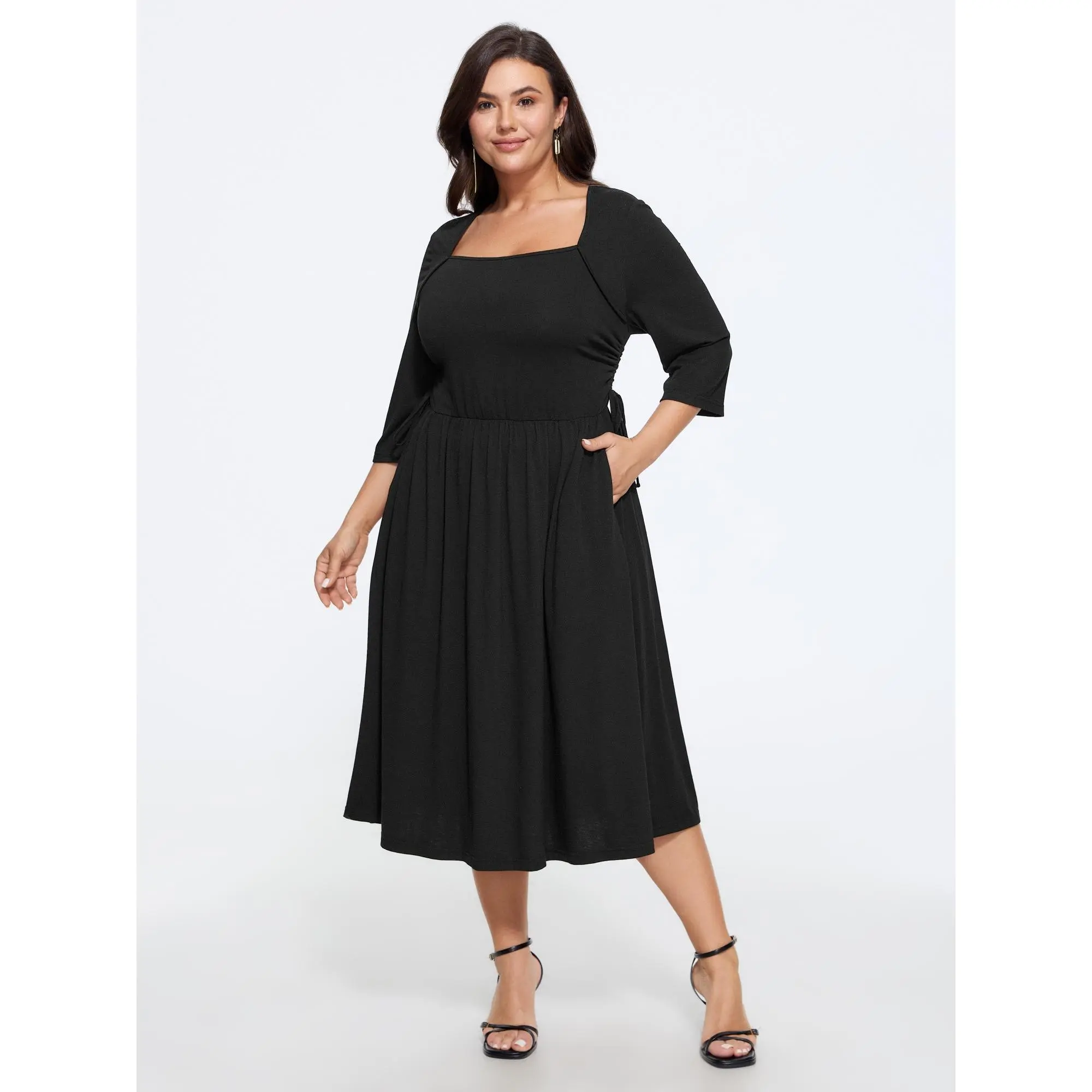 BloomChic Women's Plus Size Supersoft Casual Midi Dress, Polyester Spandex Fit with Square Neck, 3/4 Sleeves & Adjustable Side Tie, Pocket, Garment, Basic