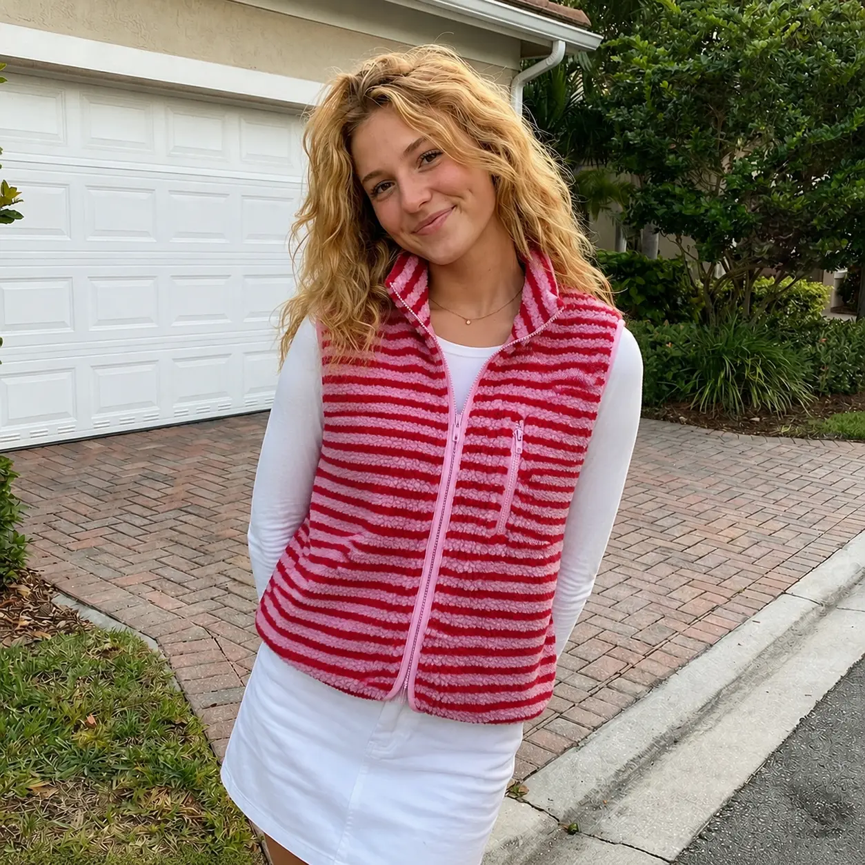 Women’s Fuzzy Vest Sleeveless Stand Collar Stripes Print Zip Up Vest Jacket Winter Warm Outwear
