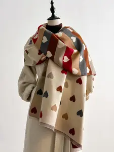 Fashionable Cute Simple Fall Winter Heart Print Scarf, Casual Fashion Warm Comfortable Shawl, Perfect for Parties Daily Wear, Fluffy Soft Scarf