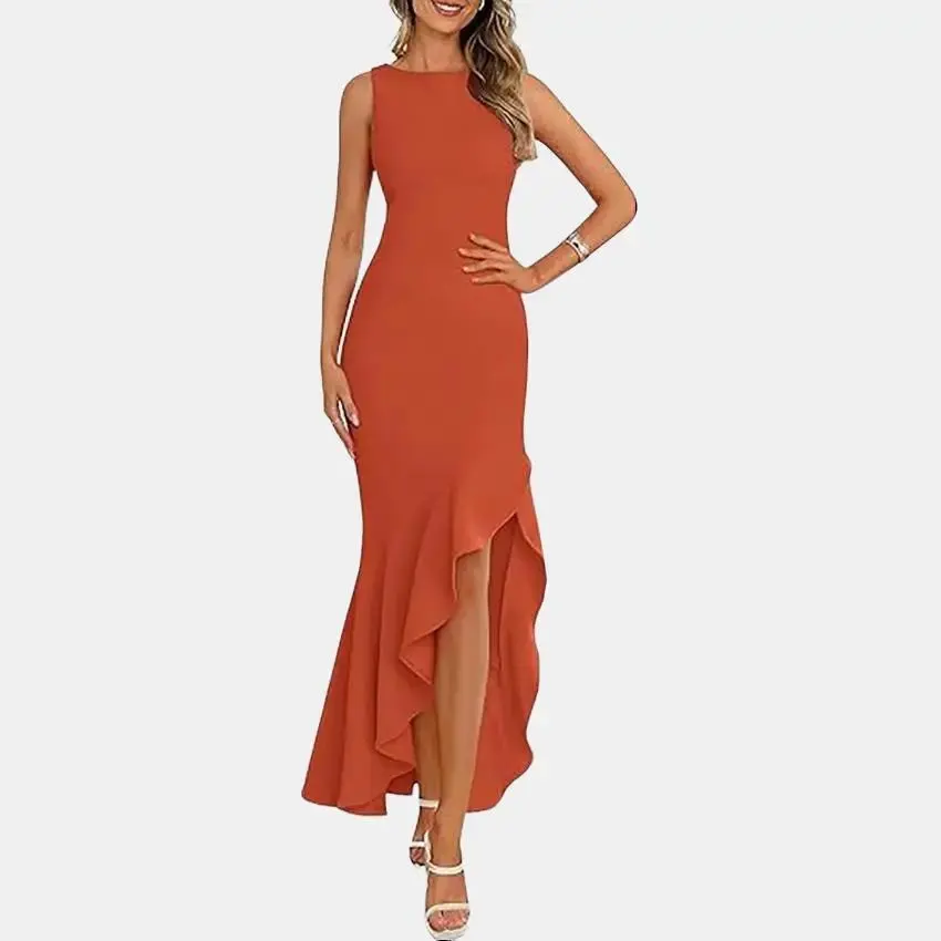 PrettyGarden Women's Summer Bodycon Maxi Dress Sleeveless Ruffle Mermaid Cocktail Wedding Guest Formal Long Dresses in Orange - Womenswear