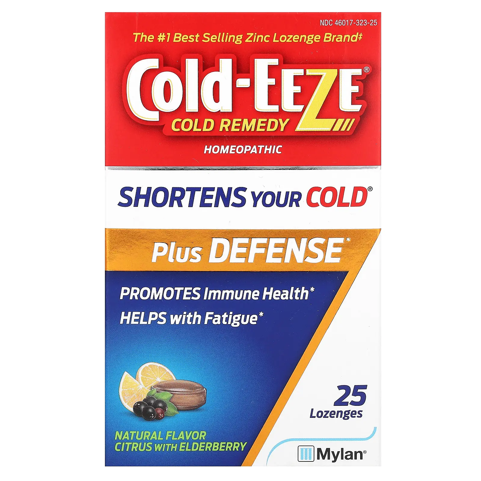 Cold Eeze Cold Remedy, Homeopathic Plus Defense, Natural Citrus with Elderberry, 25 Lozenges | HSA/FSA Eligible
