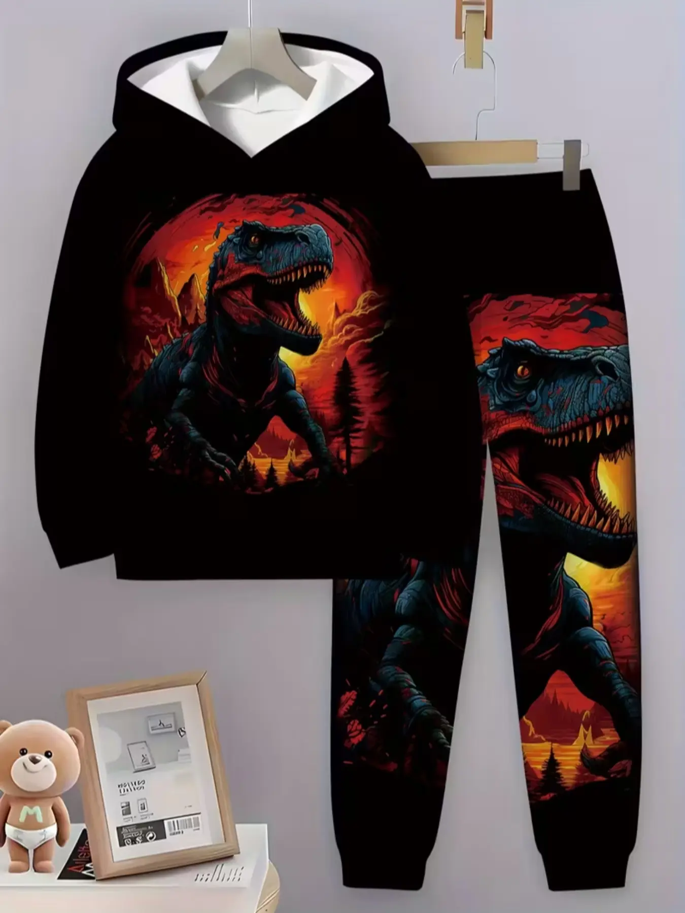 Boys' Glow-In-The-Dark Dinosaur Hoodie Set with 3D Volcano Print, Casual Clothing Set, Clothes Kids, Soft Long Sleeve Hooded Top and Pants, Perfect Gift for Dinosaur Lovers, Toddler, Outfit Sets