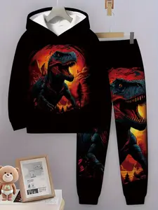 Boys' Glow-In-The-Dark Dinosaur Hoodie Set with 3D Volcano Print, Casual Clothing Set, Soft Long Sleeve Hooded Top and Pants, Perfect Gift for Dinosaur Lovers