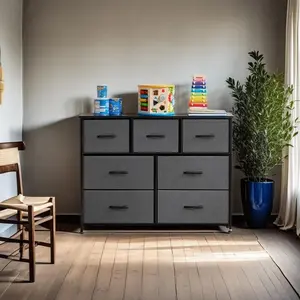 7-Drawer Dresser, Fabric Storage Tower for Bedroom, Hallway, Entryway, Closet, Tall Chest Organizer Unit with Fabric Bins, Steel Frame, Wood Top, Easy Pull Handle, Dark Grey Tall Fabric Dresser with 7 Drawers, Storage Tower with Fabric Bins, Double Dresse