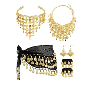 A Set of 3 to 5 Belly Dance Accessories, Including Waist Chain, Headdress, Bracelet, Necklace and Earrings, Suitable for Stage Performance and Practice.