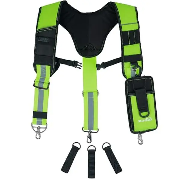 MELOTOUGH Men's Heavy-Duty Work Tool Belt Suspenders, Padded Comfort, Hi-Vis Reflective Strips, Adjustable Straps, Safety Features, 4-Point Support, Back Strain Relief, Black Plating Trigger Hook, Durability, Breathable Mesh Foam