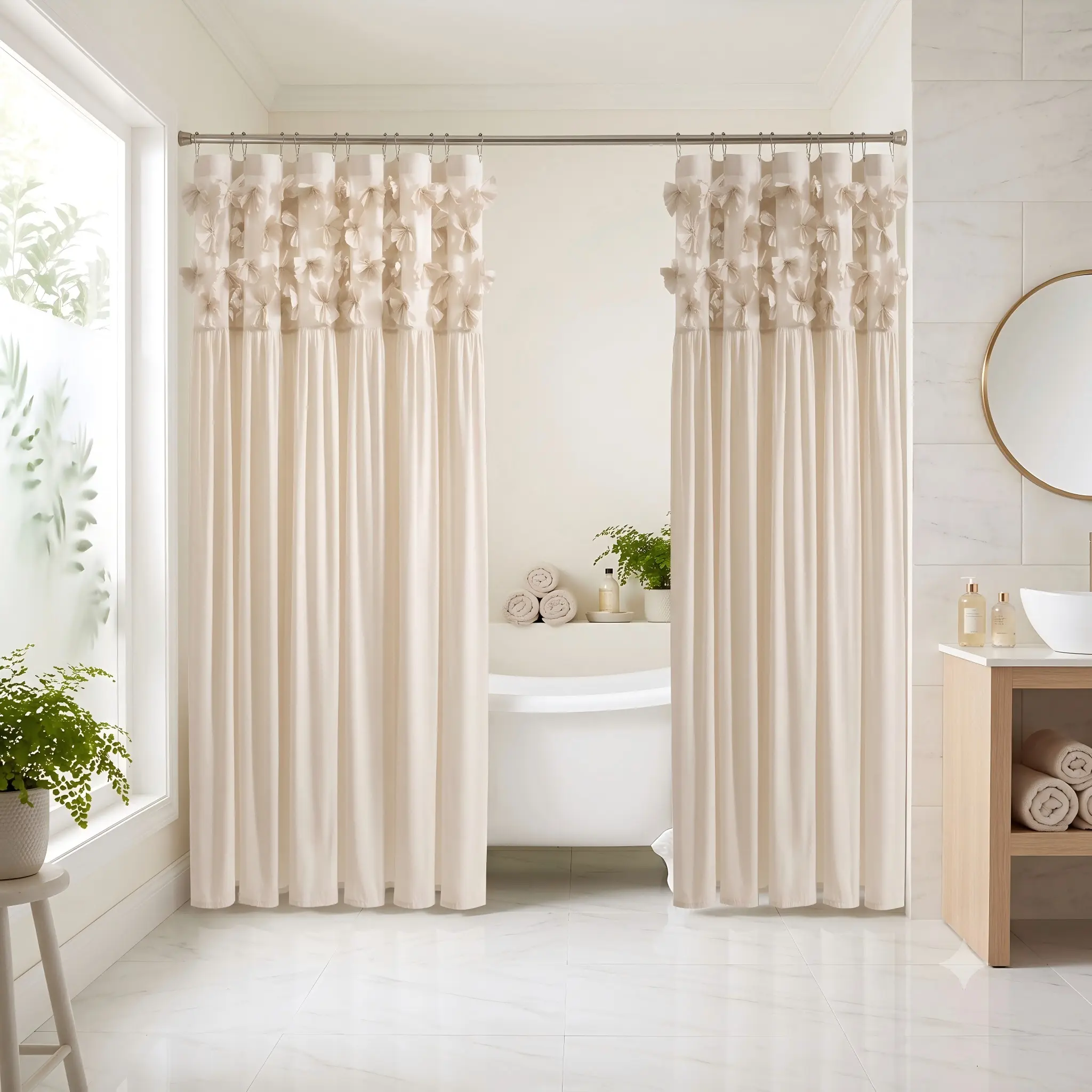 HIG Ruffle Bow Fabric Shower Curtain Set 72x72 Inch Elegant Bathroom Curtain Bath Decor