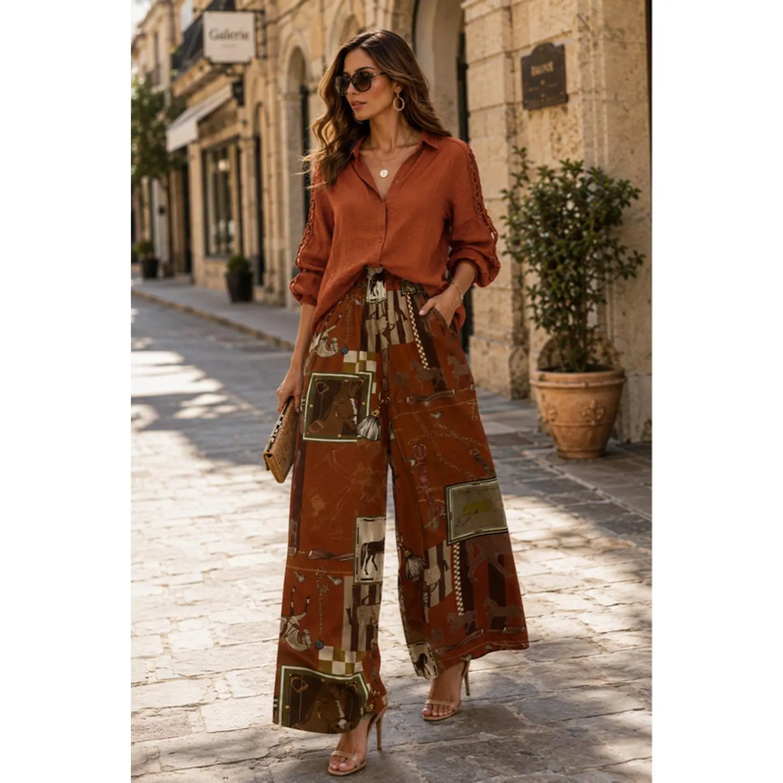 Equestrian Heritage Wide Leg Trousers with Elastic Waistband and Horses Stirrups Geometric Frames One Size Small to Large Made in Italy