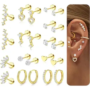 【Summervibes】CASSIECA Flat Back Earrings for Women Cartilage Earrings Stacks Hypoallergenic 20G Surgical Stainless Steel Flatback Stud Hoop Earring Set Daith Conch Tragus Helix Piercing Jewelry