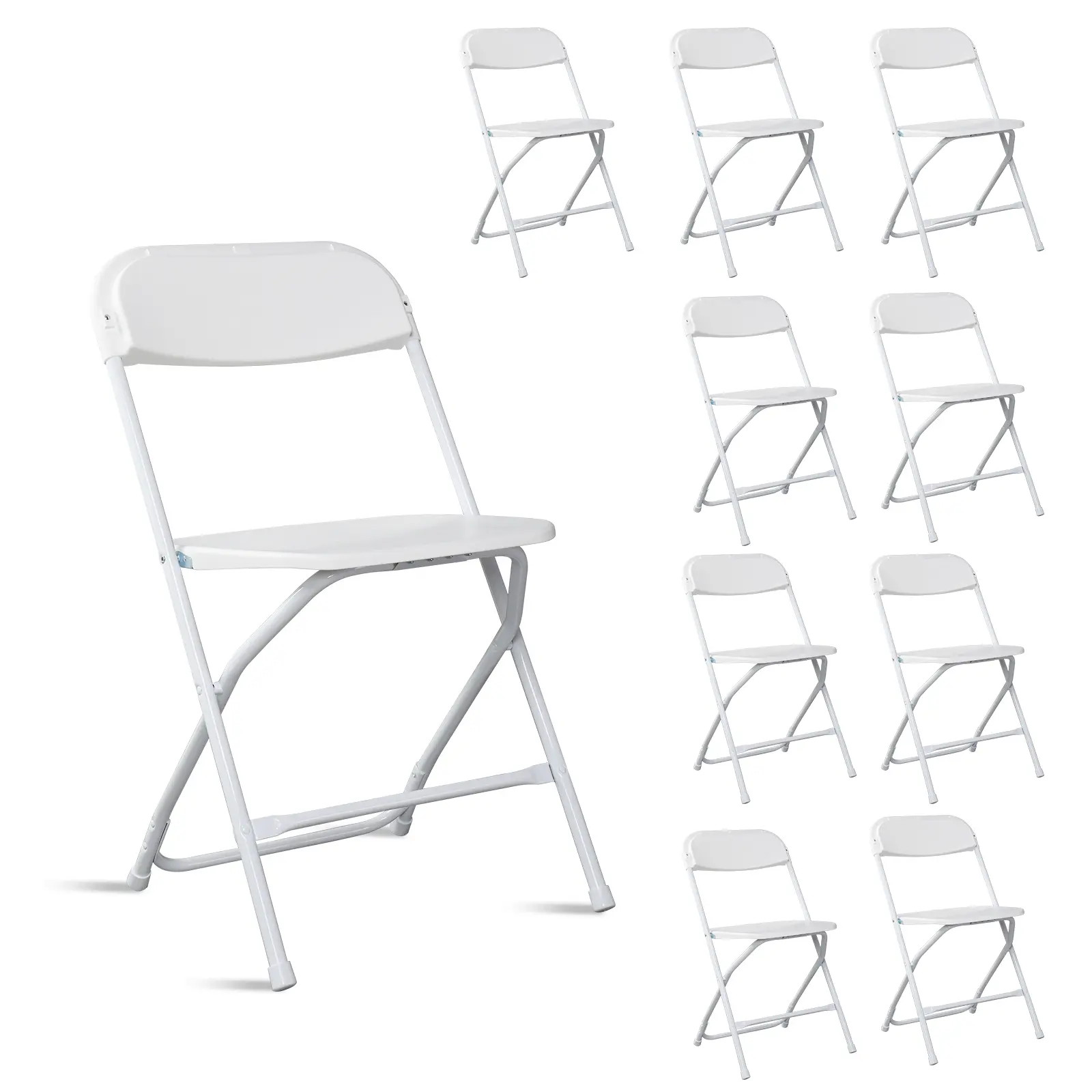 10pcs White Plastic Folding Chairs. Classic Style. 350 Lbs Capacity. Ideal for Gatherings, Parties, Picnics. Easy to Carry & Store. No Assembly Required!