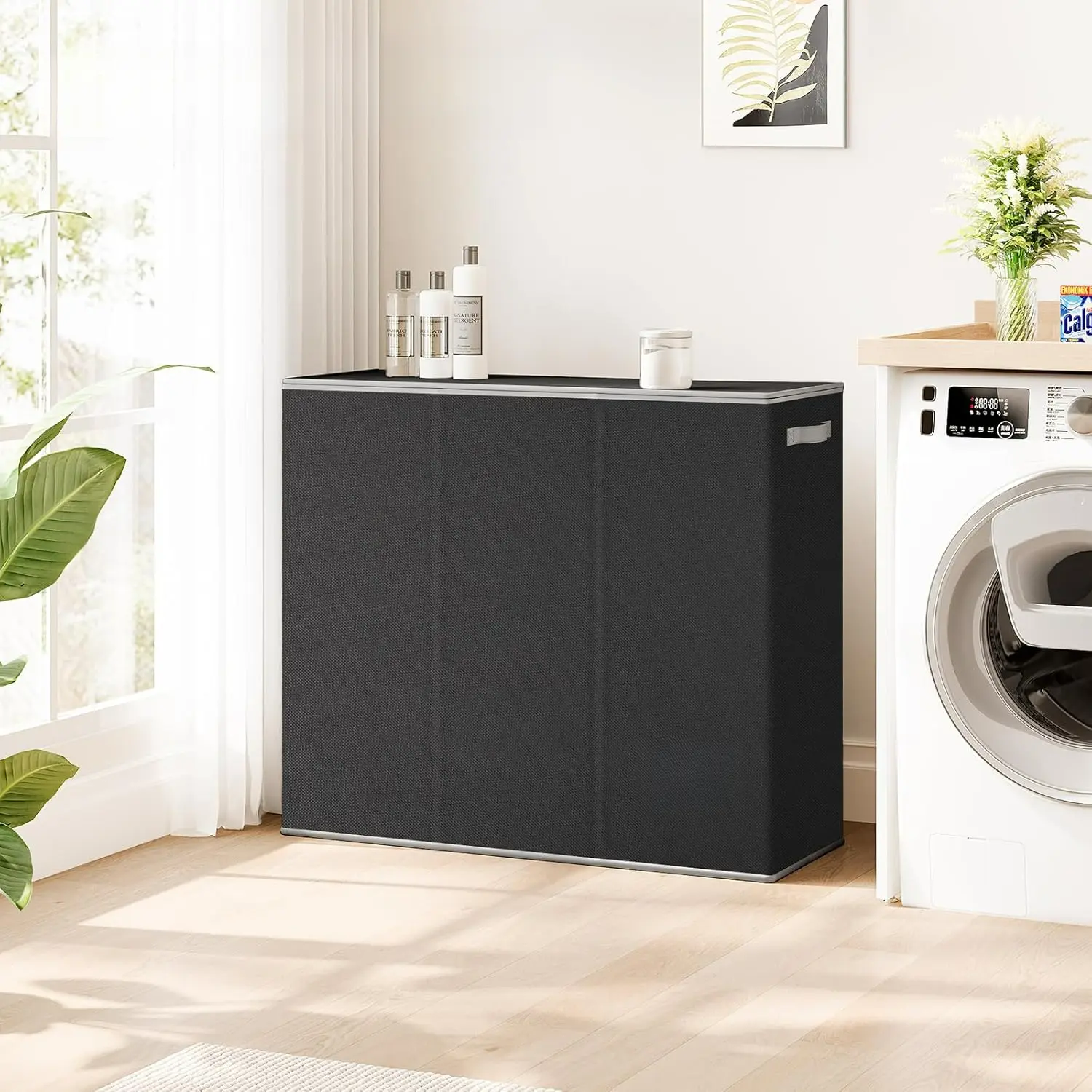 180L 3-Section Laundry Basket with Lid, Sturdy Handle, Foldable Waterproof Collapsible Design for Couples’ Laundry Room, Bedroom Storage