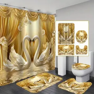 1/4 pcs Saint Swan pattern shower curtain set, festive design, non-slip floor mat, U-shaped rug, toilet seat cover, perfect for bathroom decoration, partition, beautify the space, 12 shower curtain hooks are included