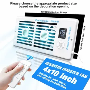 Quiet Register Booster Fan Fits 4" x 10" Register Holes, 10-Speed Smart Heating Cooling AC Vent Fan with Remote Control and Thermostat Control ，Removable protective cover- White