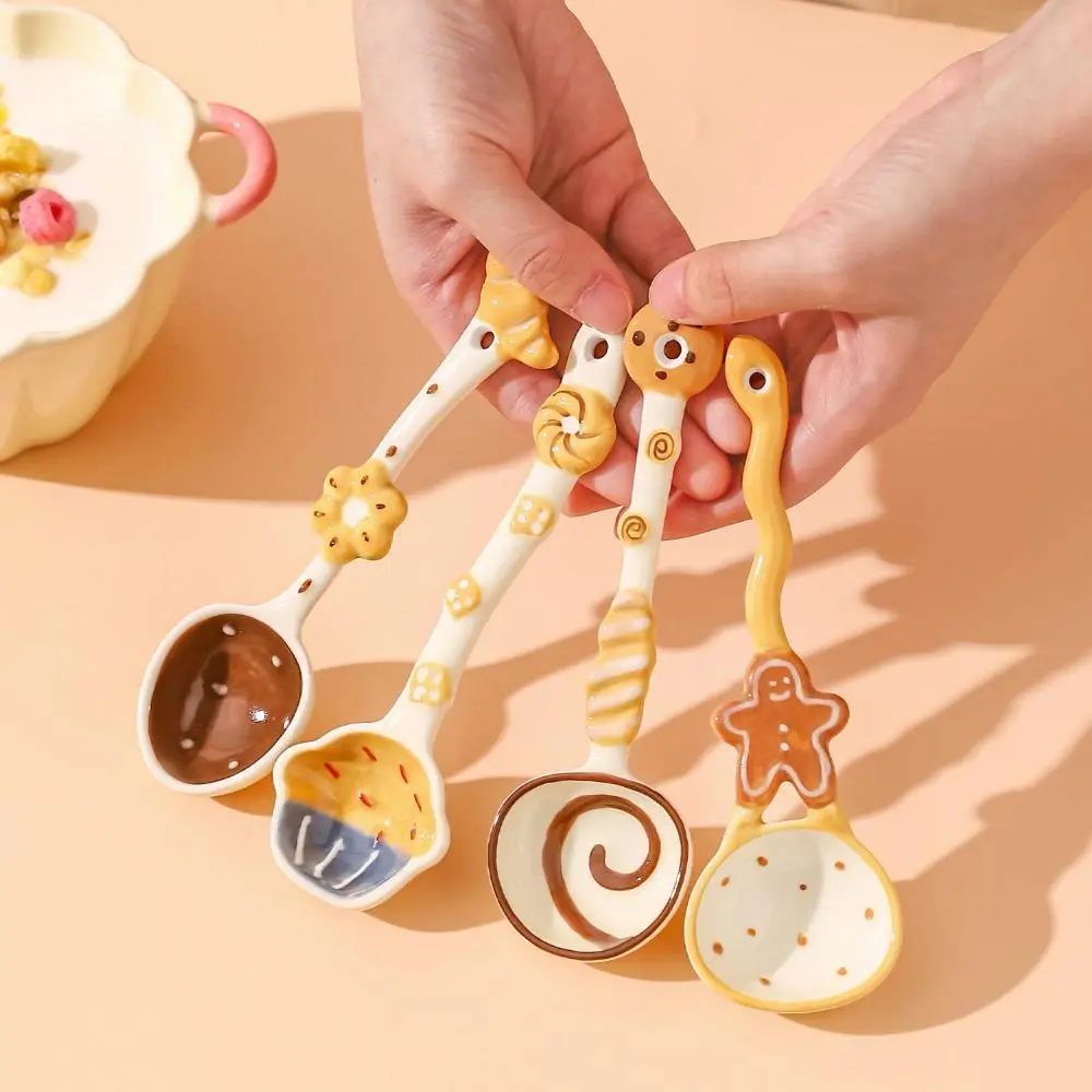 Ceramic Cooking Spoons Set (2pcs/4pcs/6pcs) - High-Design Multi-Color Underglaze Print Tableware, Small Exquisite Serving/Soup Spoons, Indoor Recreation Kitchen Accessories for Dessert