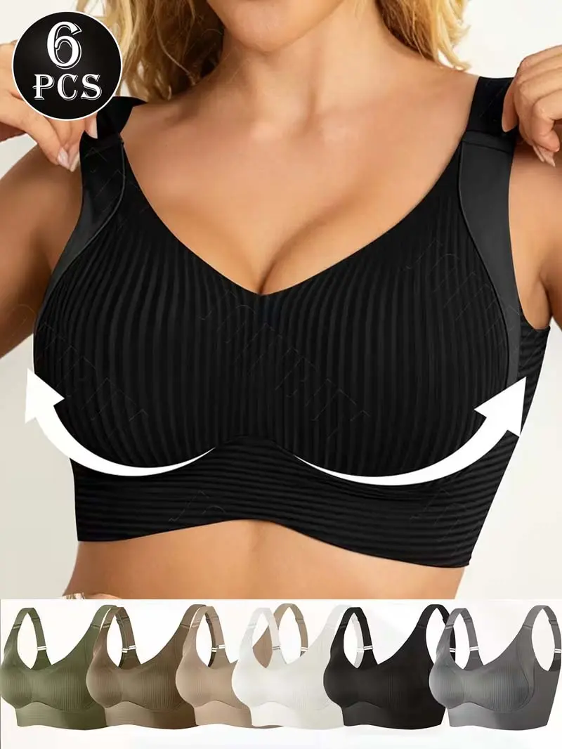 Women's 6-Pack Seamless V-Neck Racerback Bras, Wireless with Removable Light Support Pads, Modest Back Smoothing, 3/4 Coverage, Lightweight for Everyday Yoga & Holiday Wear, Moves Under Outfits