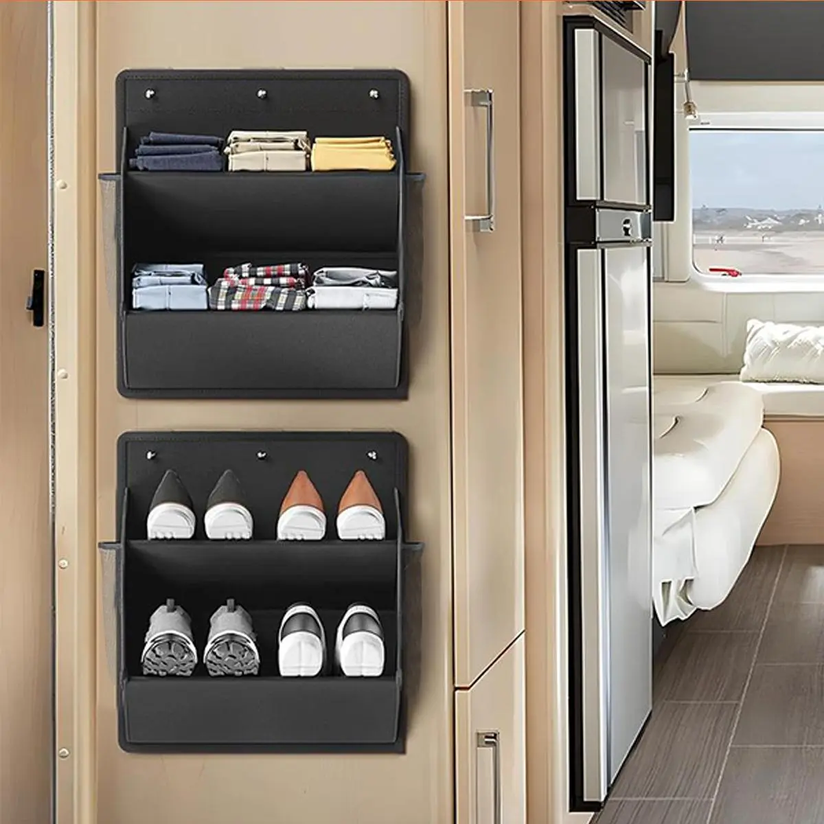 RV Shoe Storage with Sticky Adhesive Tape, 2 Counts Over the Door Shoe Rack, Wall Hanging Shoe Organizer with Large Deep Pockets for Camper, Hangable Partitioned Organizer, Closet Organizer