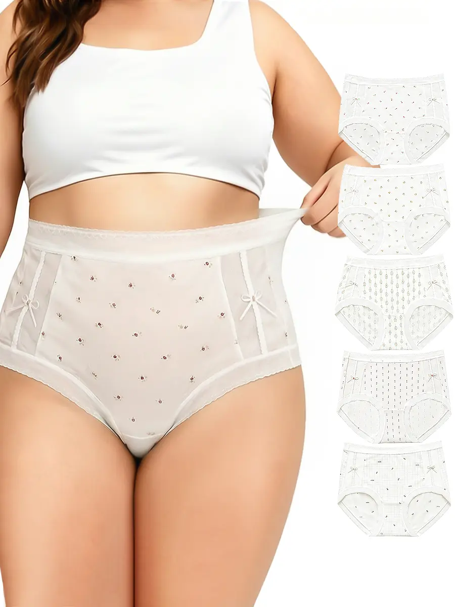 NapTalk Plus Size High Waist Mesh Briefs 5-Pack, Individually Vacuum Sealed Women Underwear, Ultra-Thin Breathable Floral Print Lace Bow Panties, Stretch Full Coverage Comfort Undies XL-5XL