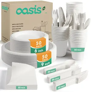 OasisSN 350Pcs Disposable Paper Plates Set Compostable Bagasse Utensils Eco Friendly Heavy-duty Dinnerware Kit 50 Biodegradable 6/9inch Plates,Forks,Knives,Spoons,Cups,napkins Paper Plates for Birthday Party Camping