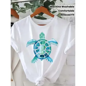 Women'S Soft Breathable T-Shirt With Sea Turtle Graphic Print - Relaxed Fit Short Sleeve Round Neck White Beachwear Top, Blue-Green Ocean Design For Casual Everyday & Travel Outfits, Machine Washable All-Season Comfortable Shirt, Turtle Necklace