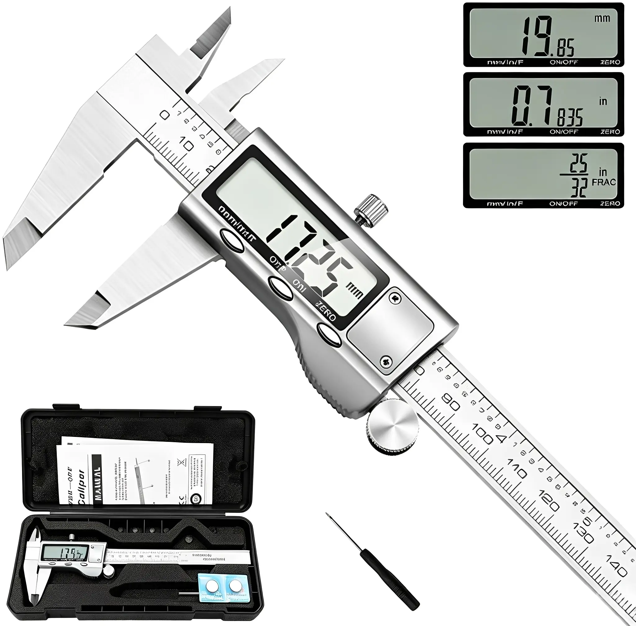 Digital Caliper,Caliper Measuring Tool,with Stainless Steel,Electronic Micrometer Caliper with Large LCD Screen,Auto-Off Feature,Inch and Millimeter,Conversion (6 Inch/150 mm),for DIY/Household,IP54 Splash Proof