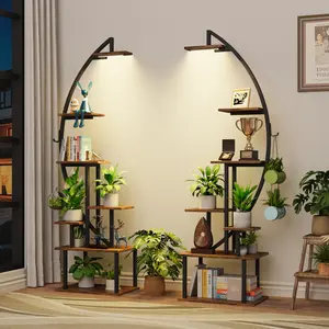 2 Pcs Indoor Decorative Storage Shelf with Lights, 7-Tier Metal Half-Moon Shape Rack for Multiple Items, Large Holder Display Shelf for Living Room, Patio, or Balcony summerwins