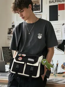 Y2K Multi Pocket Messenger Bag for Teen Girls, Cute Black White Canvas Shoulder Purse with Plush Dinosaur Pendant, Badge Pins, Side Pockets, Wide Strap, Daily School Travel Work Bag, Christmas Gift for Girlfriend, Crossbody Shoulder Purses
