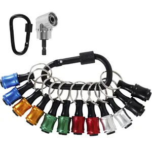 12 Counts 1/4inch Hex Shank Bit Holder Kit with 105° Right Angle Drill Attachment Aluminum Alloy Screwdriver Drill Bit Holder Keychain Durable Screwdriver Bit Quick Change Organizer
