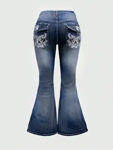 Plus Size American Vintage High Waist Bell Bottom Jeans for Women, Back Pocket Embroidery Distressed Washed Micro Flare Pants, Slim Fit Long Trousers