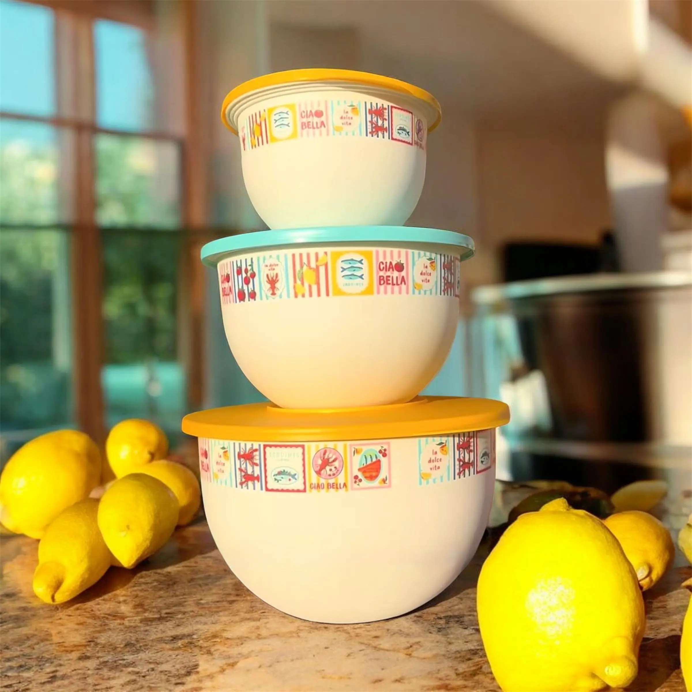 Colorful Bowl Set with Yellow and Blue Lids for Kitchen Use - Tazones Muranos set of three (Big 4.3L, Medium 2.5L, Small, 1.3L)