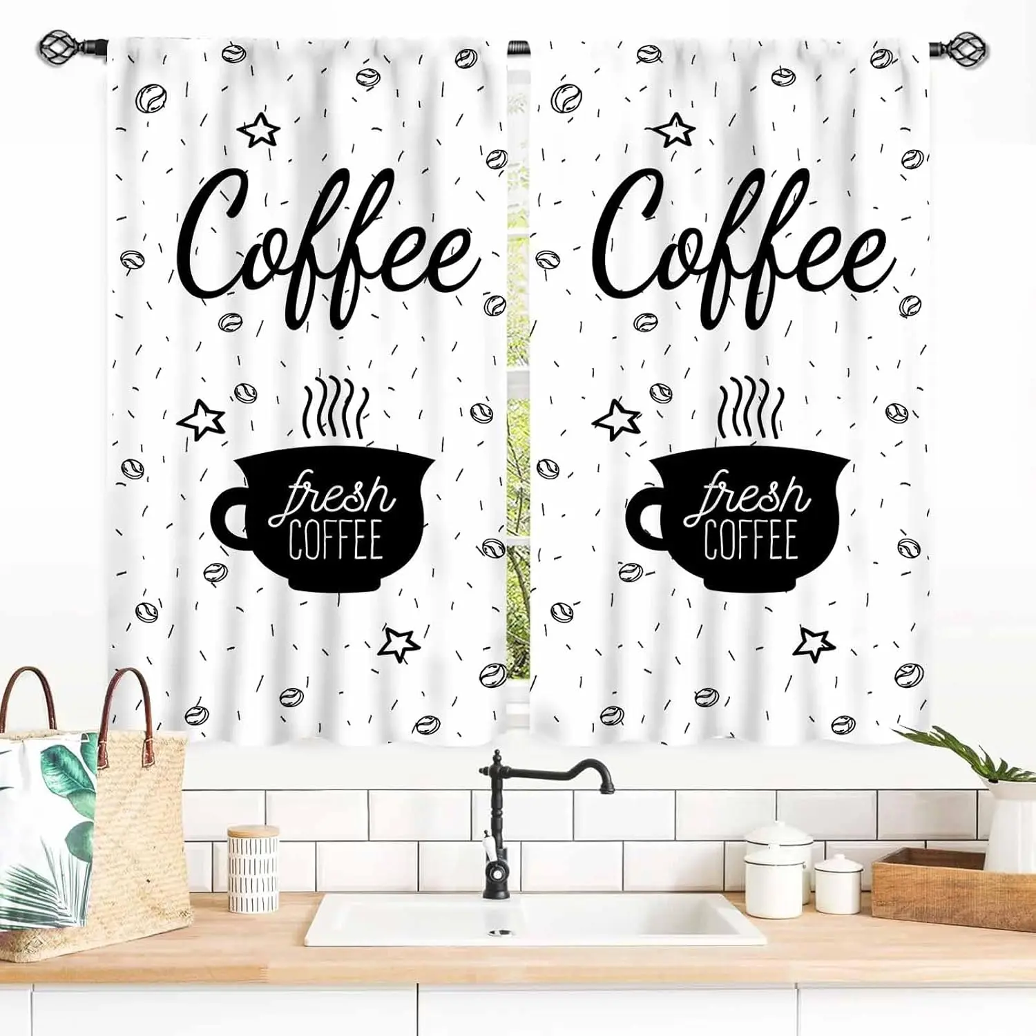 Coffee Kitchen Curtains, Rustic Vintage Coffee Theme Latte Cappuccino Cafe Beans Brown Blackout Farmhouse Country Small Window Treatments Drapery for Living Room Bedroom Dining Room, 27.5x39 Inch