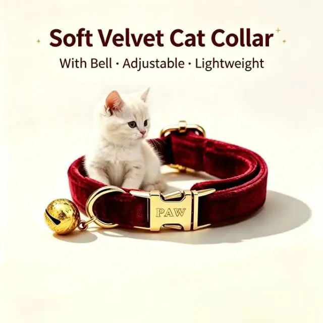 Velvet High-Quality Nylon Cat Bell Collar - Large Size, Elegant Bell Design, Chic Colors, Safety Lock, Machine Washable, Lightweight Wear, Wipe with Damp Cloth, Ideal Gift for Cat Owners