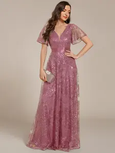Ever-Pretty Illusion V-neck Short Sleeve Sequin Formal Maxi Dress Festival Comfort Party Womenswear 02314