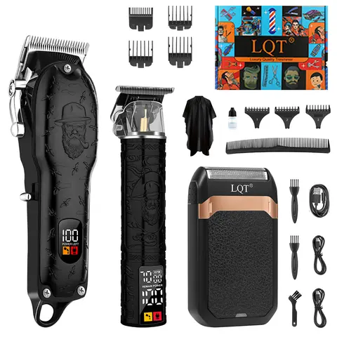LQT Professional 3-in-1 Cordless Hair Clipper Set for Men - Stainless Steel Precision Blades, Adjustable Carving Shears, Facial Razor, Electric Shaver, LED Display, Home Haircut & Cordless Beard Trimming Grooming Kit Gift