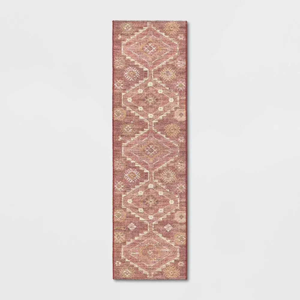 2'x7' Southbury Washable Printed Diamond Persian Style Runner Rug Rust - Threshold: Traditional Geometric Indoor Rug