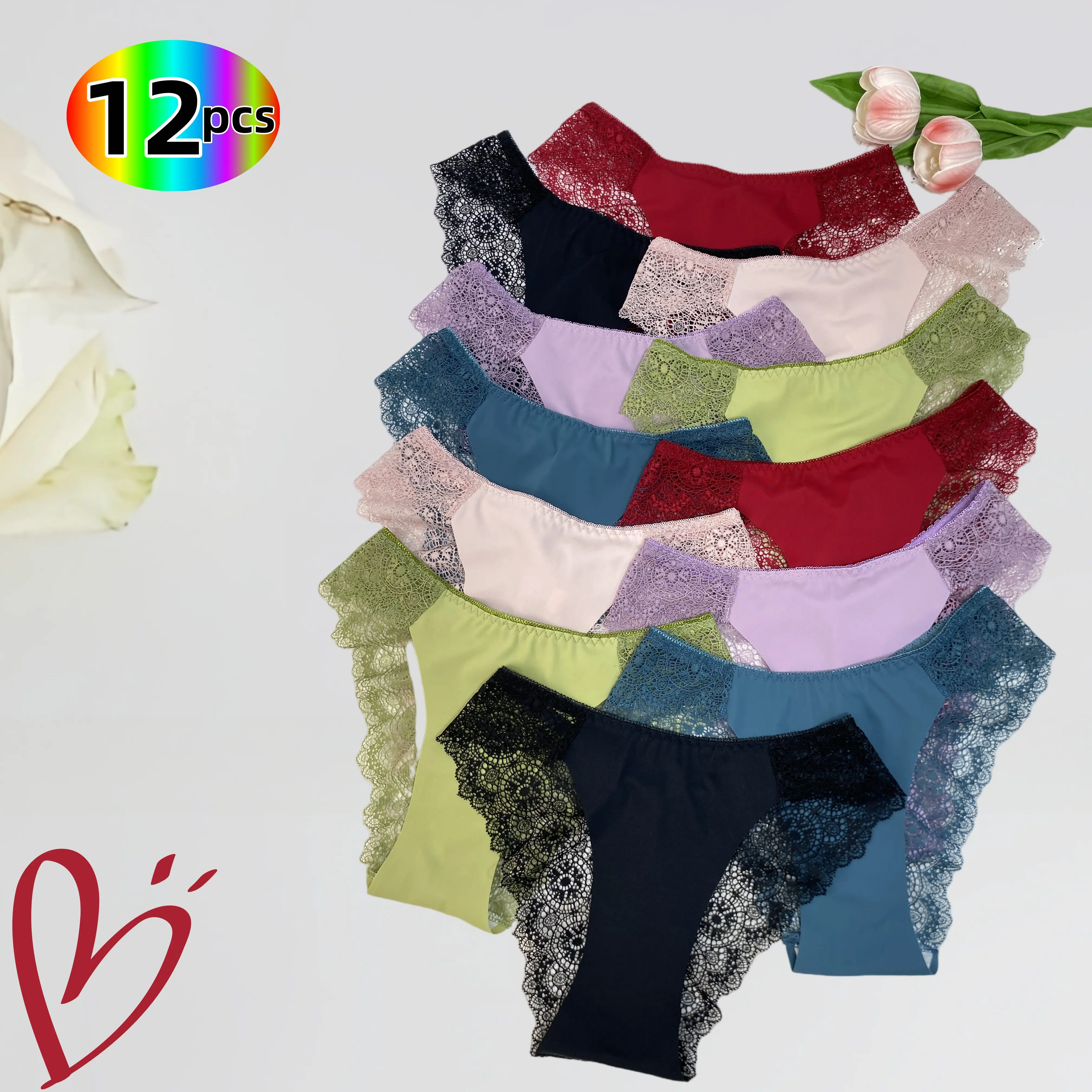 H  12-piece Set: Women's sexy lace printed briefs (sheer, low-waist lightweight). French romance + subtle vintage, fits work/home/dates. Seamless Crotch Design Seamless Breathable Design Seamless Soft Panties