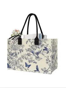 Floral Bird Print Large Capacity Storage Bag, Tote Bag, Shopping Totes, Durable Handle, Space Saving Multi-Purpose, Ideal for School, Travel, Shopping, Reusable Shopping Bag