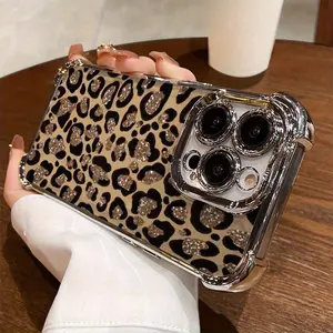 For iPhone. Transparent Anti-Shock TPU Case with Golden Leopard Print and Air Cushion at Four Corners for iPhone 16/15/14/12 Pro Max, 11 X/Xs Max and for Samsung S22/S23/S24/S25 Edge/Ultra/Plus/FE/+ - Compatible with Electroplating