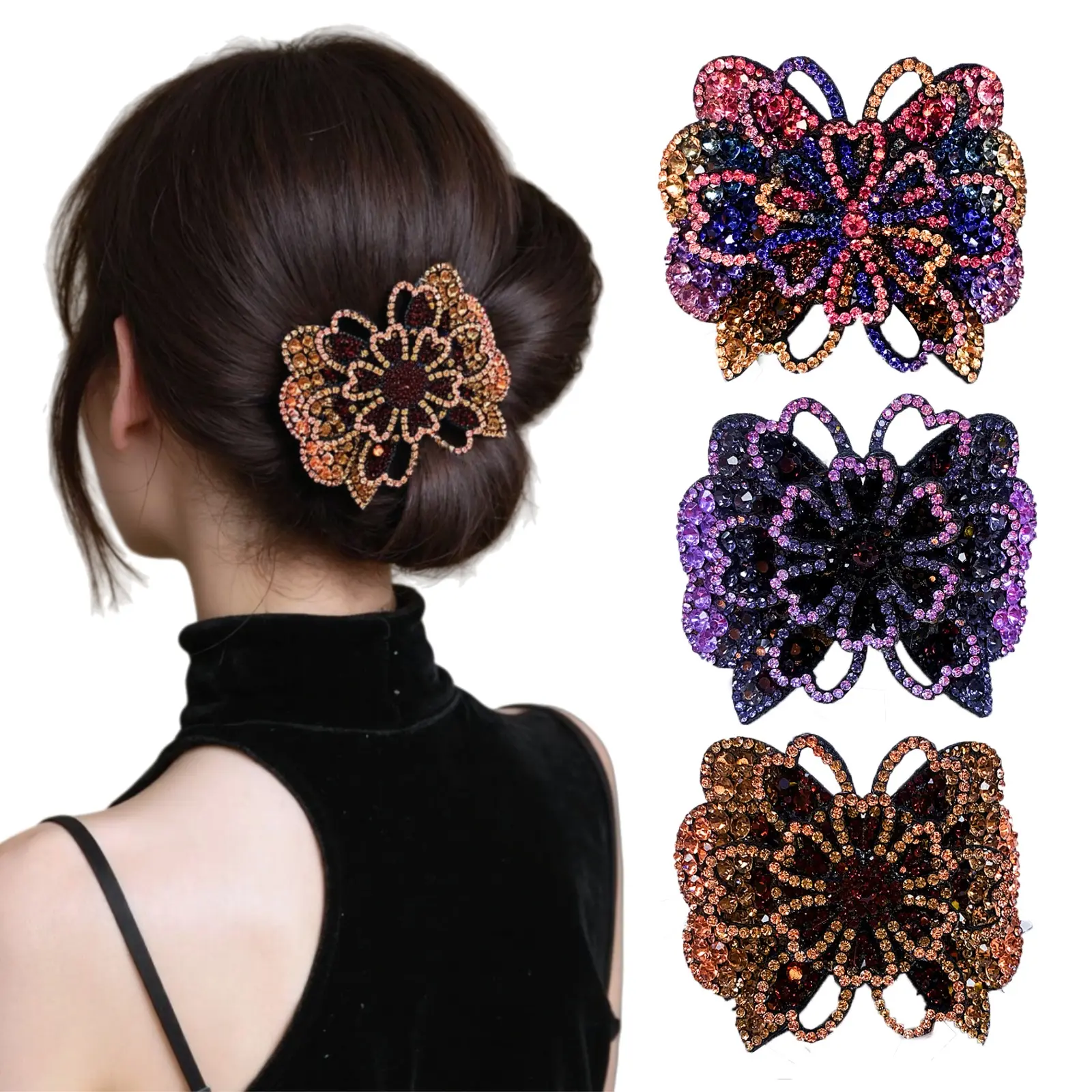 Women's 3-Pcs Vintage Crystal Rhinestone Flower Butterfly Barrettes Hair Clips, Non-Slip Durable Easy-Use Claw Clips for Updo & Beach Hair Accessories