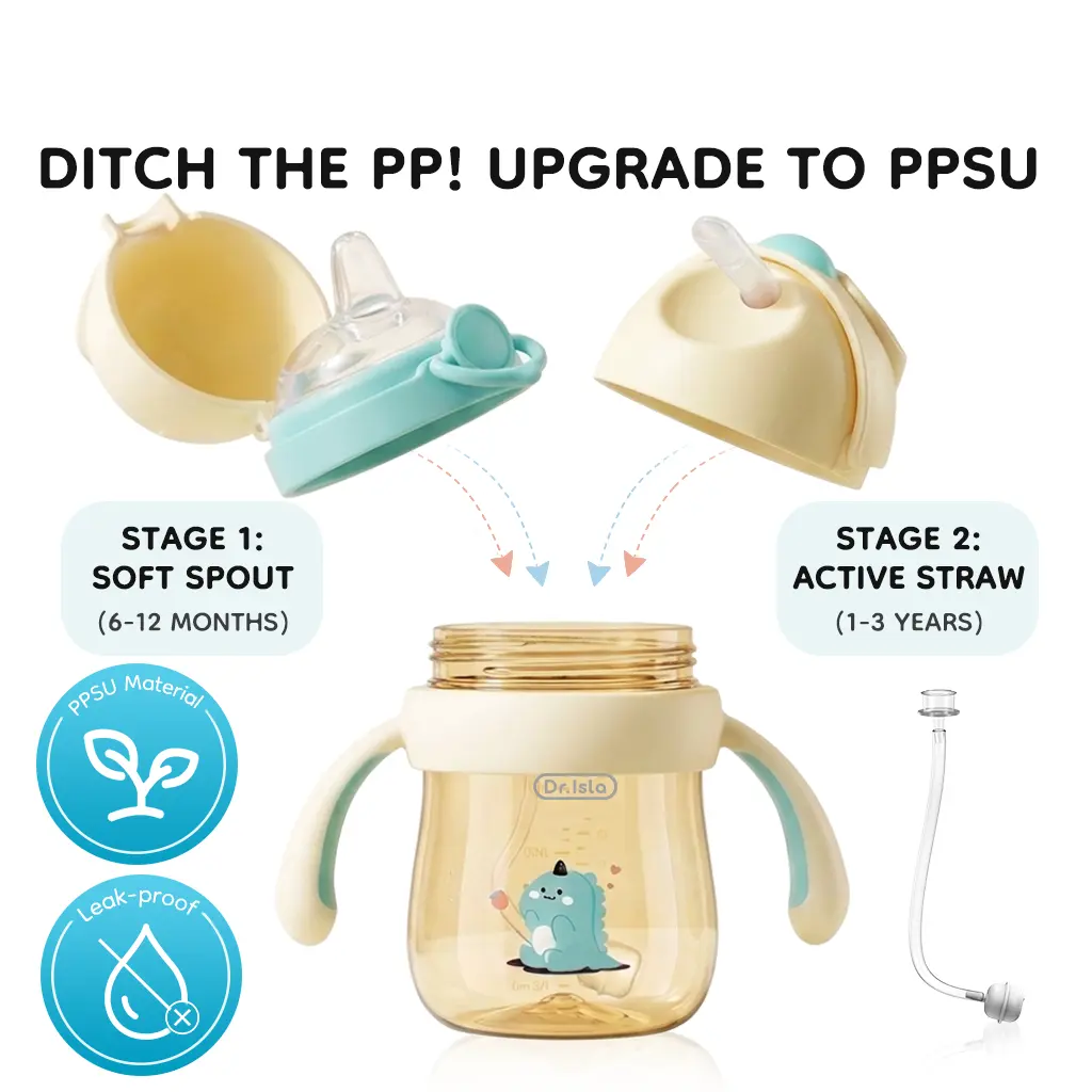 Dr.Isla Eco-Friendly PPSU Sippy Cup, 9oz/240ml for Toddlers 6M-3Y, 2-in-1 Leakproof Anti-Colic Training Straw Cup with Weighted Ball & Duckbill Nipple, 180°C Heat-Resistant, BPA-Free, Non-Slip Handle, Boys Girls Professional Transition Bottle