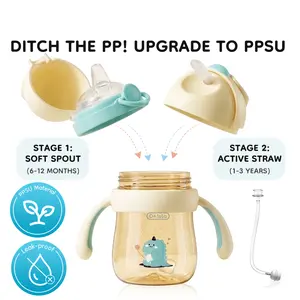 [Upgrade To PPSU] Dr.Isla 2-in-1 Anti-Colic Baby Training Sippy Cup (9oz/240ml), 180°C Heat-Resistant, BPA-Free, Leakproof No-Spill, Easy to Clean, Odorless, 360° Gravity Ball, Duckbill Nipple & Straw Lids Included for 6M-3Y summervibes️
