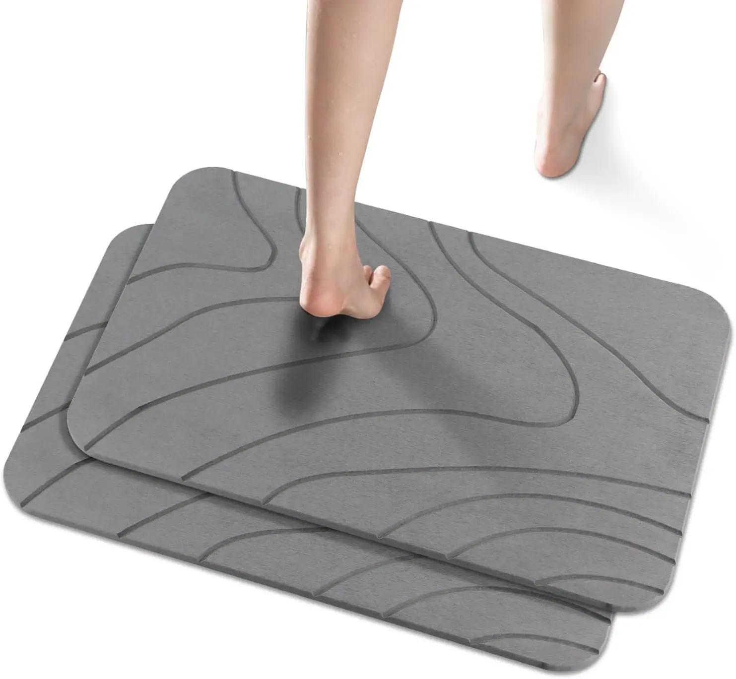 2 Pack Diatomaceous Earth Shower Mat, Stone Bath Mat, Nonslip Super Absorbent Fast-Drying Hard Bath Mat for Bathroom Shower Floor, 24 x 16 inch, Grey Wave Design