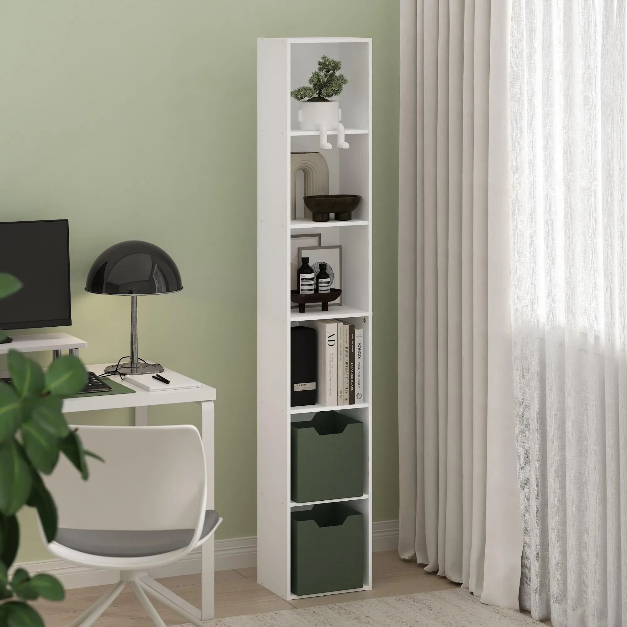 LUDER 6-Tier Multi Layer Freestanding Display Bookshelf, 9.3x12x71in Contemporary Clean Aesthetic Open Shelf, Space-Saving Indoor Storage Organization for Bedroom Shelves & Collectibles
