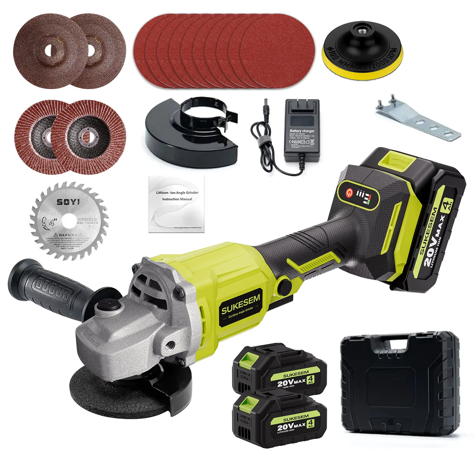 SUKESEM Cordless Angle Grinder, 20V Brushless Electric Grinder 11000RPM with 4.0Ah Battery, 3-Speed Battery Display, 4” Cutting Grinding Polishing Tool Kit for Metal, Wood & DIY