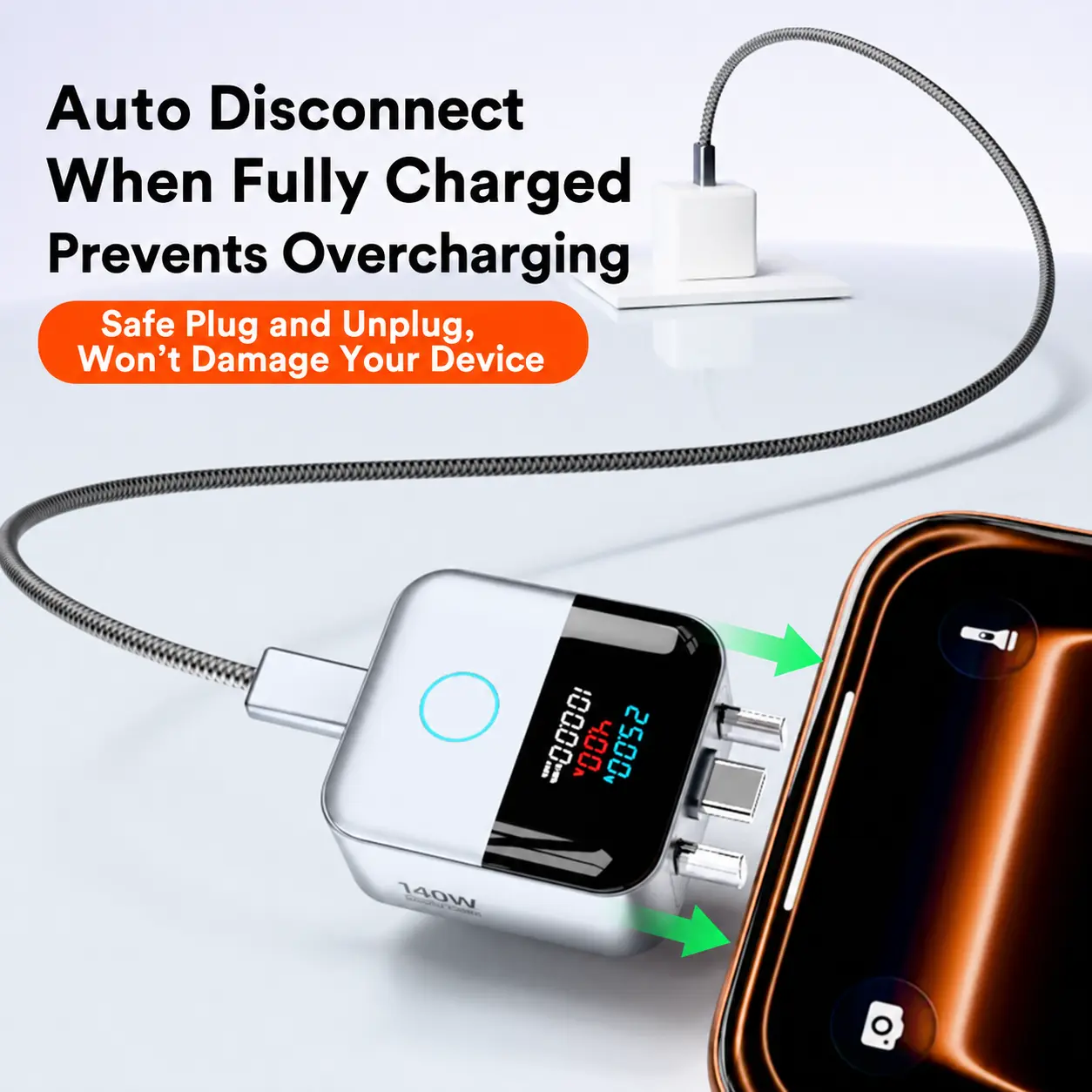 Smart Auto Disconnect Charging Adapter 140W Fast Charge Real-Time Digital Display Type-C Safe Overnight Charger Protector