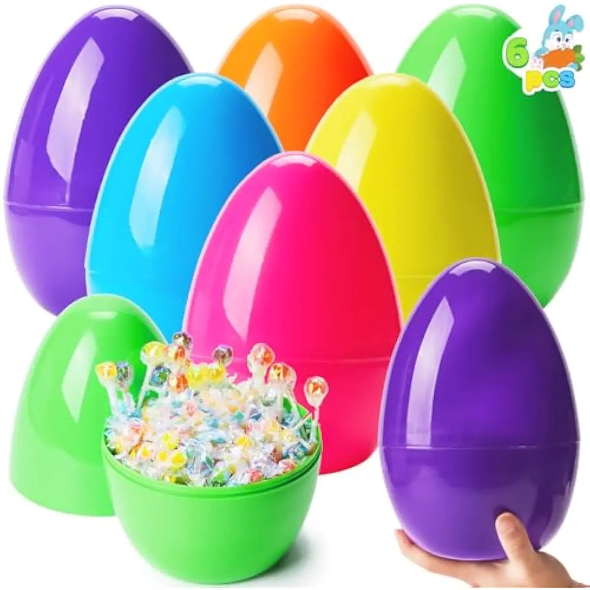 10" Jumbo Easter Eggs, 6PCS Bright Plastic Giant Eggs Empty Fillable for Easter Filling Treats Party Favor Hunt Classroom Prize Supplies Decoration