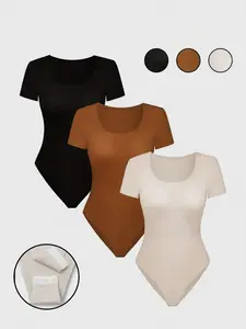 Women's Solid Color   Bodysuit, Casual Short Sleeve Bodysuit for Daily Wear, Ladies Clothes for All Seasons
